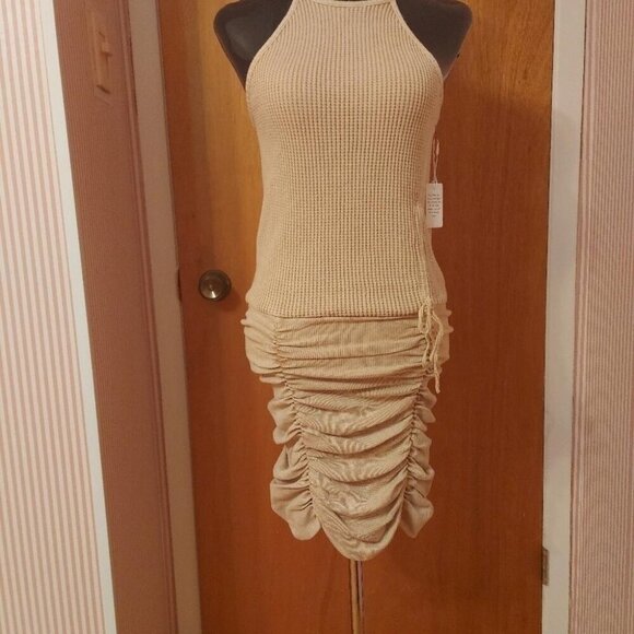 Free People Katya Mini Thermal Waffle Knit Ruched Dress Coastal Cowgirl - Picture 2 of 8